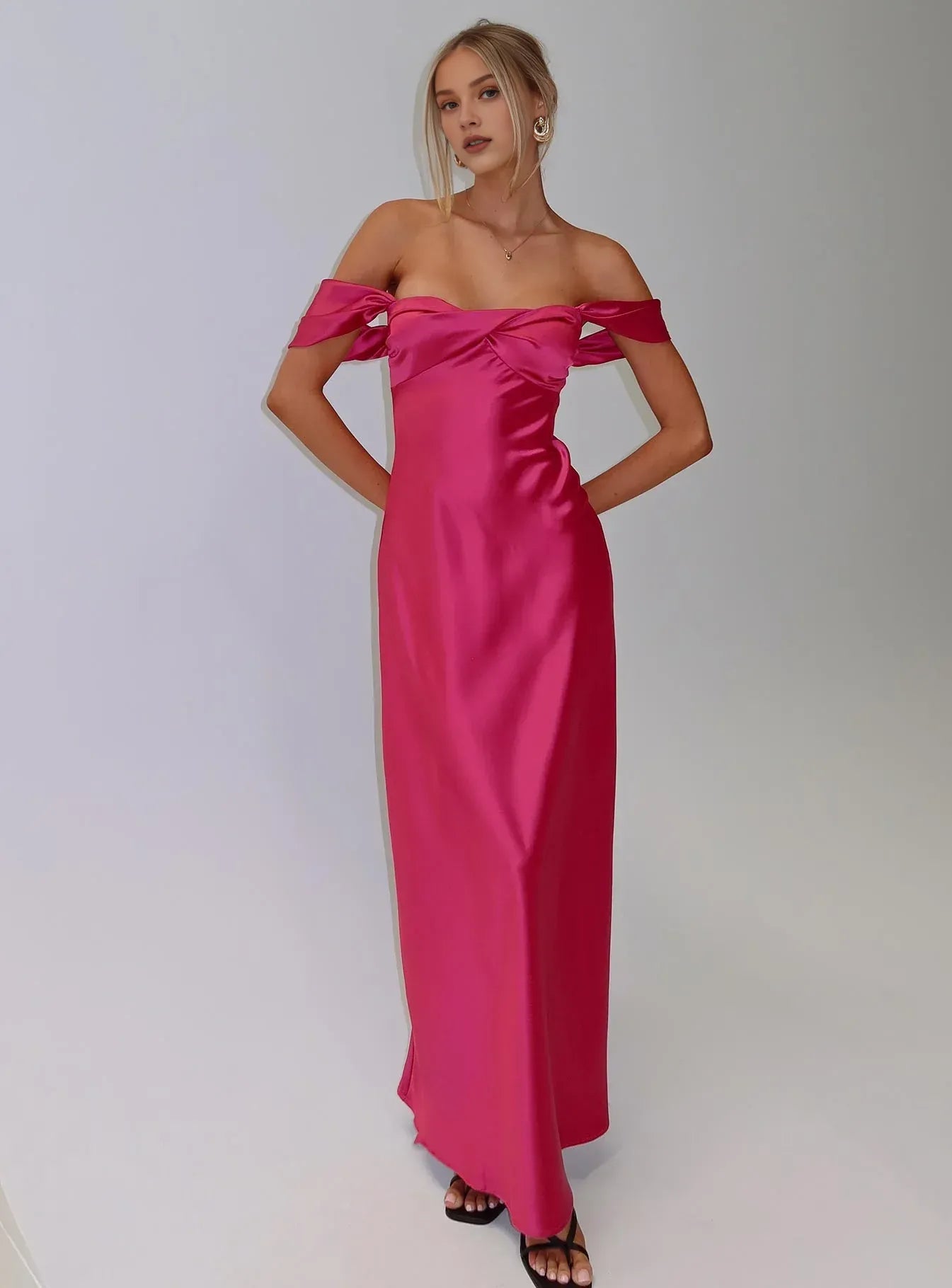 Fuchsia Off - Shoulder Maxi Dress Column Backless Solid Color Prom Dresses