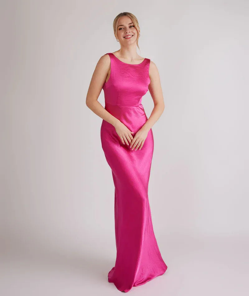 Dress Fashion Cowl Back Bridesmaid Dress Maxi Dress Solid Color Champagne Boat Neck Sleeveless Prom Dress