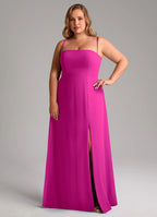 Fuchsia crepe bridesmaid dress with spaghetti straps, square neck, and side slit