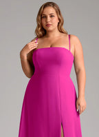 Fuchsia crepe bridesmaid dress with spaghetti straps, square neck, and side slit