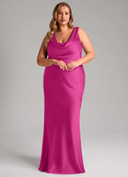 Fuchsia satin bridesmaid dress with cowl neck, open back, and tie-back