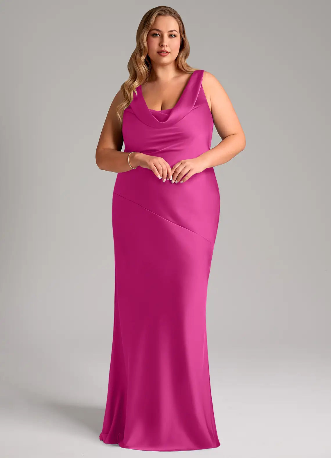 Fuchsia satin bridesmaid dress with cowl neck, open back, and tie-back