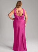 Fuchsia satin bridesmaid dress with cowl neck, open back, and tie-back