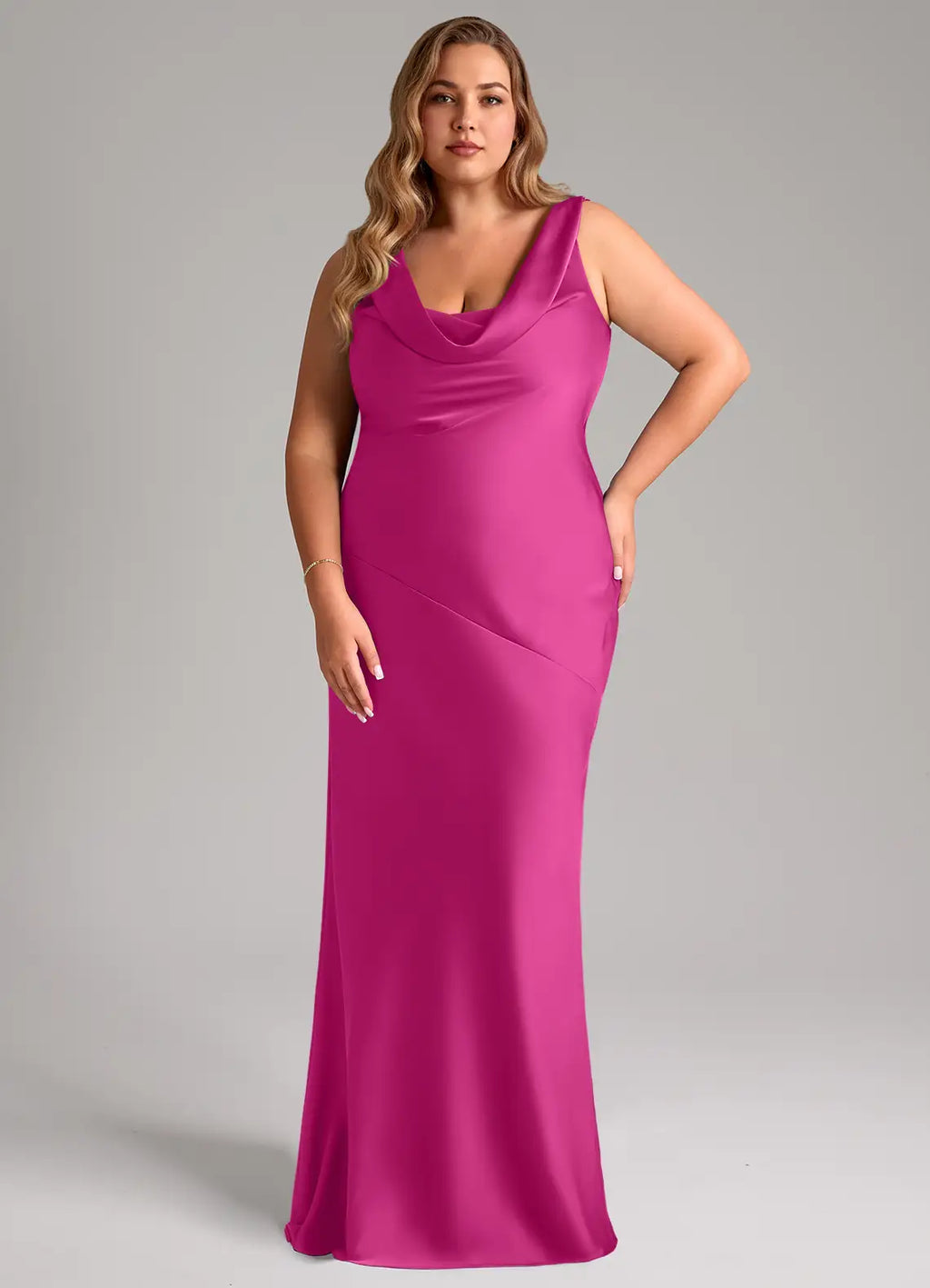 Fuchsia satin bridesmaid dress with cowl neck, open back, and tie-back