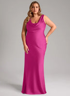 Fuchsia satin bridesmaid dress with cowl neck, open back, and tie-back