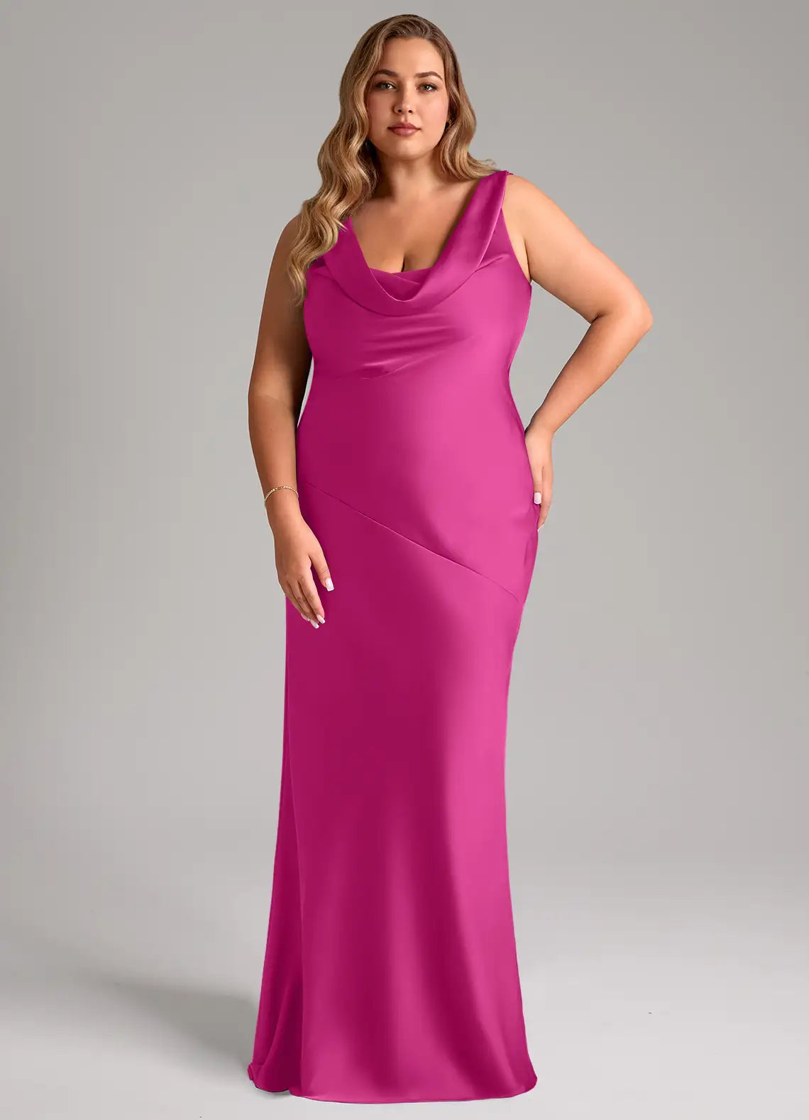 Fuchsia satin bridesmaid dress with cowl neck, open back, and tie-back