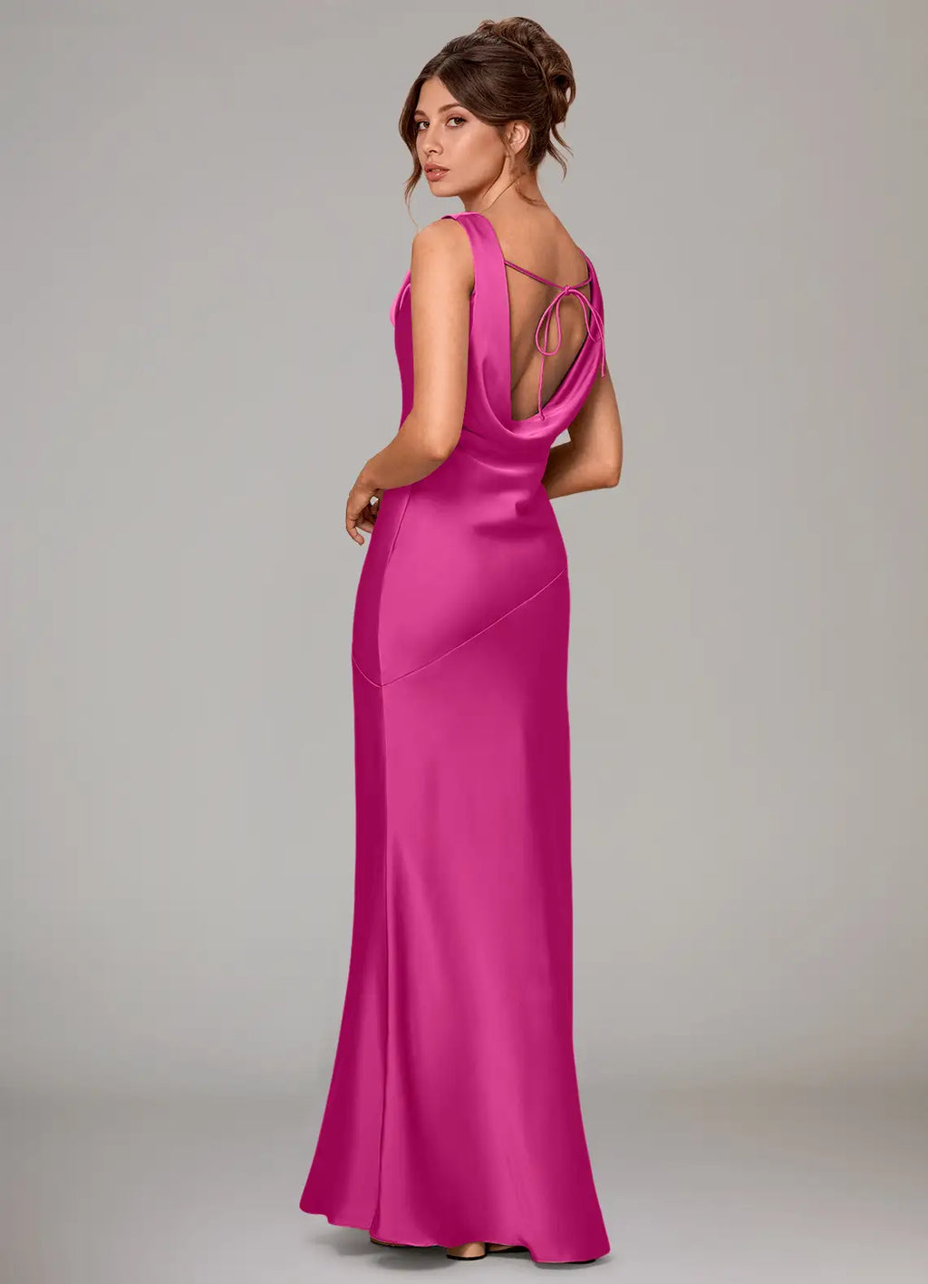 Fuchsia satin bridesmaid dress with cowl neck, open back, and tie-back