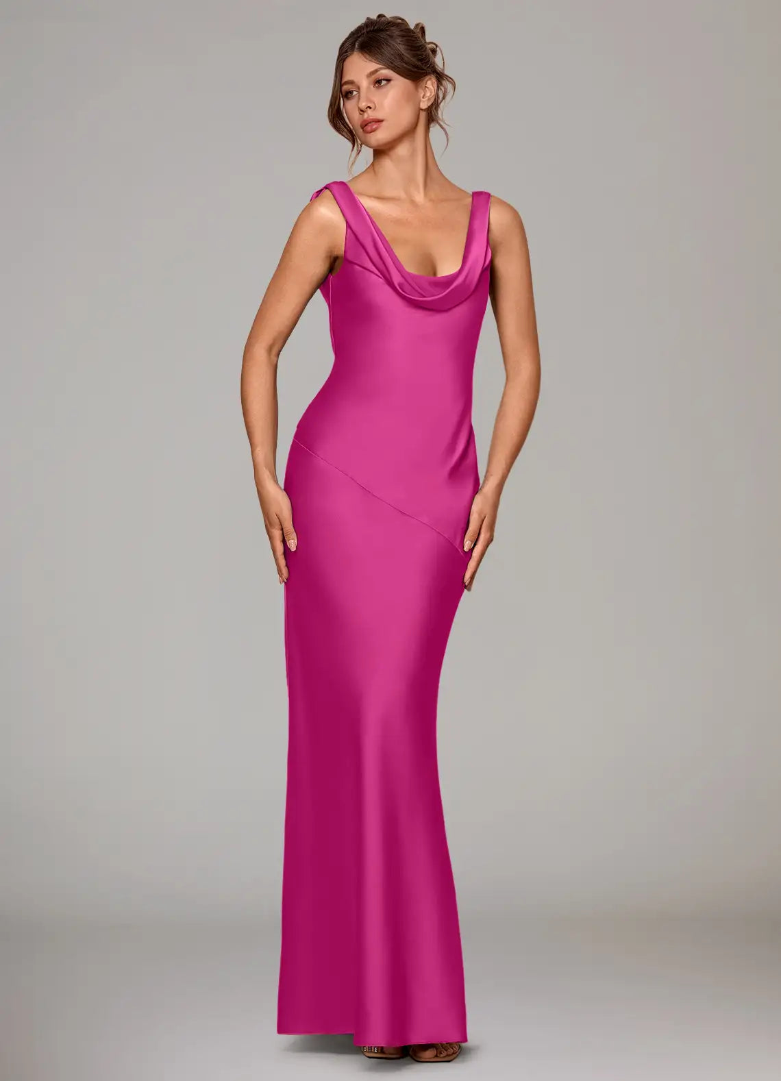Fuchsia satin bridesmaid dress with cowl neck, open back, and tie-back