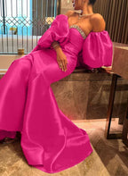 Mermaid Prom Dress Showstopping Off The Shoulder Satin Bodice With Rhinestones In Hot Pink For Prom Goers