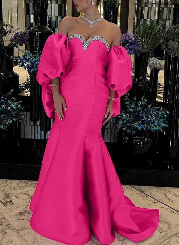 Mermaid Prom Dress Showstopping Off The Shoulder Satin Bodice With Rhinestones In Hot Pink For Prom Goers