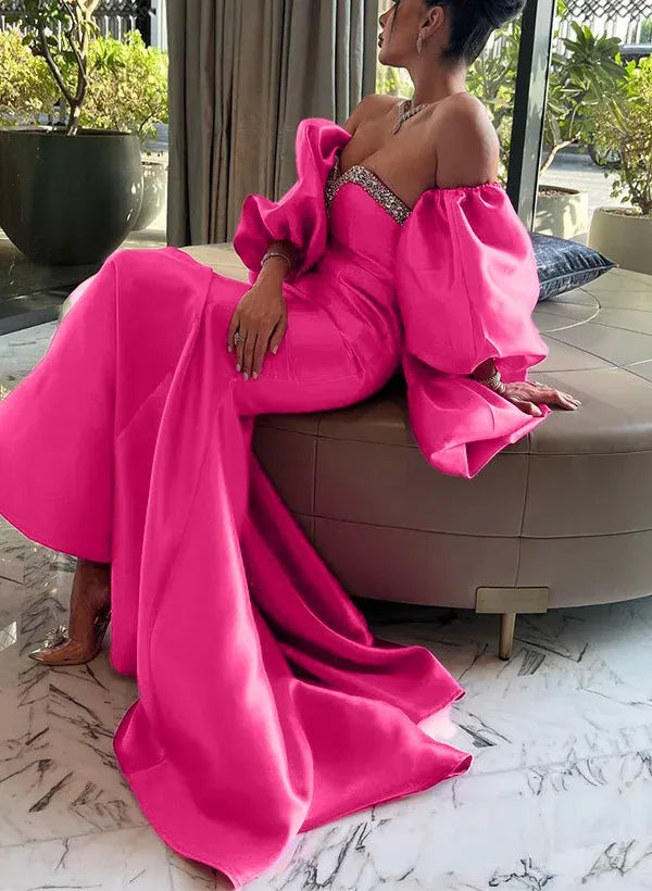 Mermaid Prom Dress Showstopping Off The Shoulder Satin Bodice With Rhinestones In Hot Pink For Prom Goers