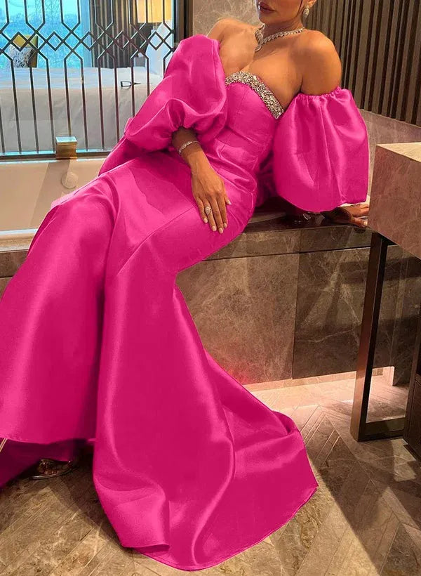 Mermaid Prom Dress Showstopping Off The Shoulder Satin Bodice With Rhinestones In Hot Pink For Prom Goers
