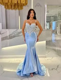 Beaded Mermaid Prom Dress With Spaghetti Straps Light Blue Satin Train Sparkling And Elegant For Prom Wearers