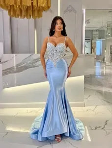 Beaded Mermaid Prom Dress With Spaghetti Straps Light Blue Satin Train Sparkling And Elegant For Prom Wearers