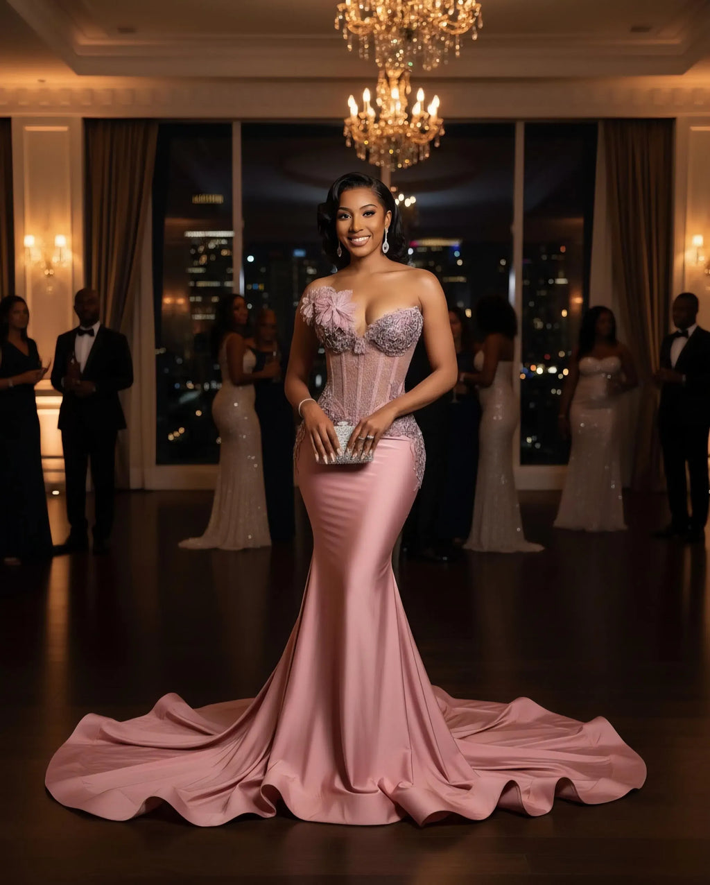 Mermaid Prom Dress With Beaded Corset Bodice And 3D Floral Lace Overlay Blush Satin Sweep Train For Prom Queens