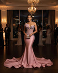 Mermaid Prom Dress With Beaded Corset Bodice And 3D Floral Lace Overlay Blush Satin Sweep Train For Prom Queens