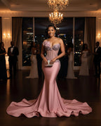 Mermaid Prom Dress With Beaded Corset Bodice And 3D Floral Lace Overlay Blush Satin Sweep Train For Prom Queens