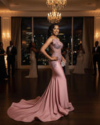 Mermaid Prom Dress With Beaded Corset Bodice And 3D Floral Lace Overlay Blush Satin Sweep Train For Prom Queens