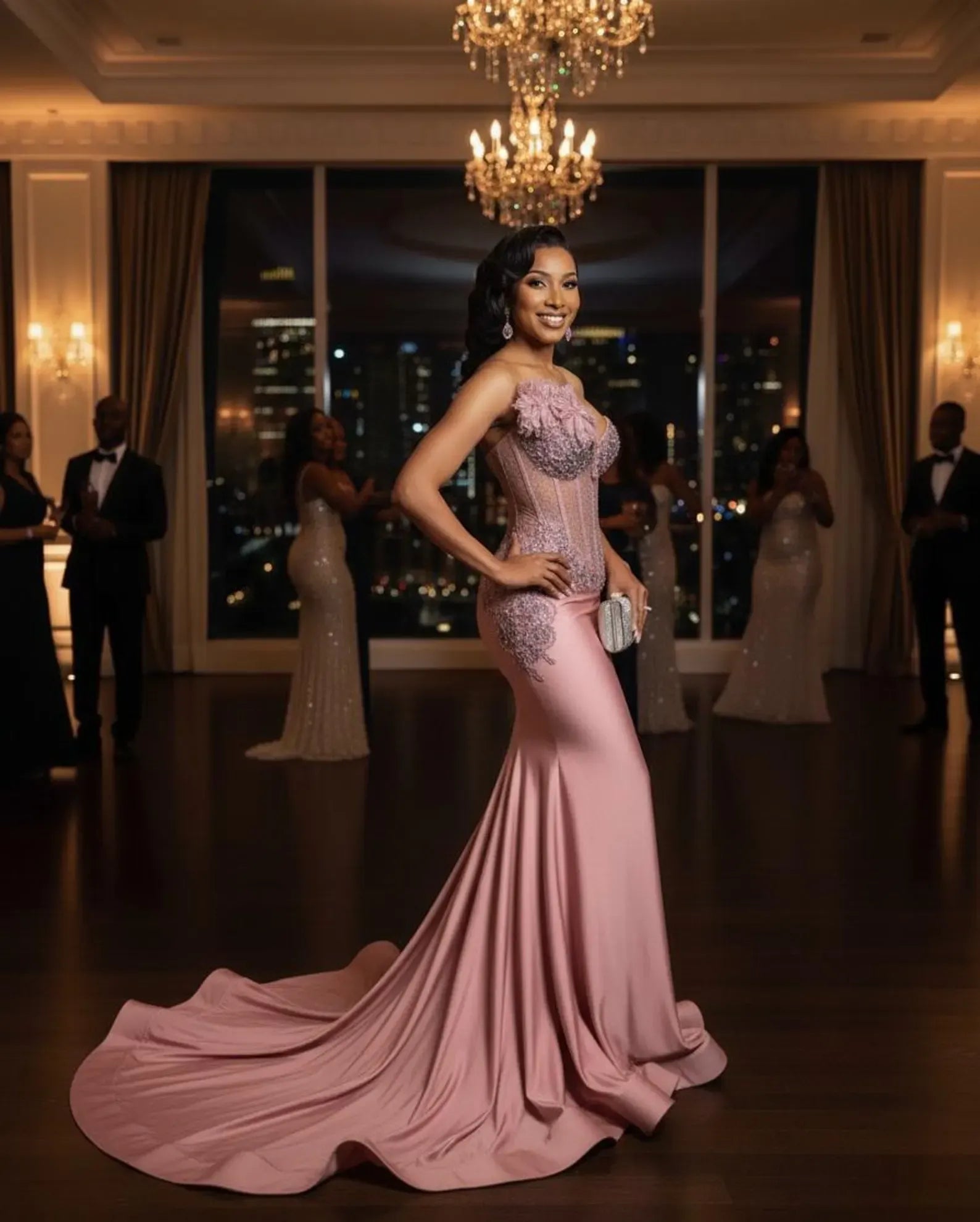 Mermaid Prom Dress With Beaded Corset Bodice And 3D Floral Lace Overlay Blush Satin Sweep Train For Prom Queens