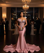 Mermaid Prom Dress With Beaded Corset Bodice And 3D Floral Lace Overlay Blush Satin Sweep Train For Prom Queens