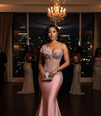 Mermaid Prom Dress With Beaded Corset Bodice And 3D Floral Lace Overlay Blush Satin Sweep Train For Prom Queens
