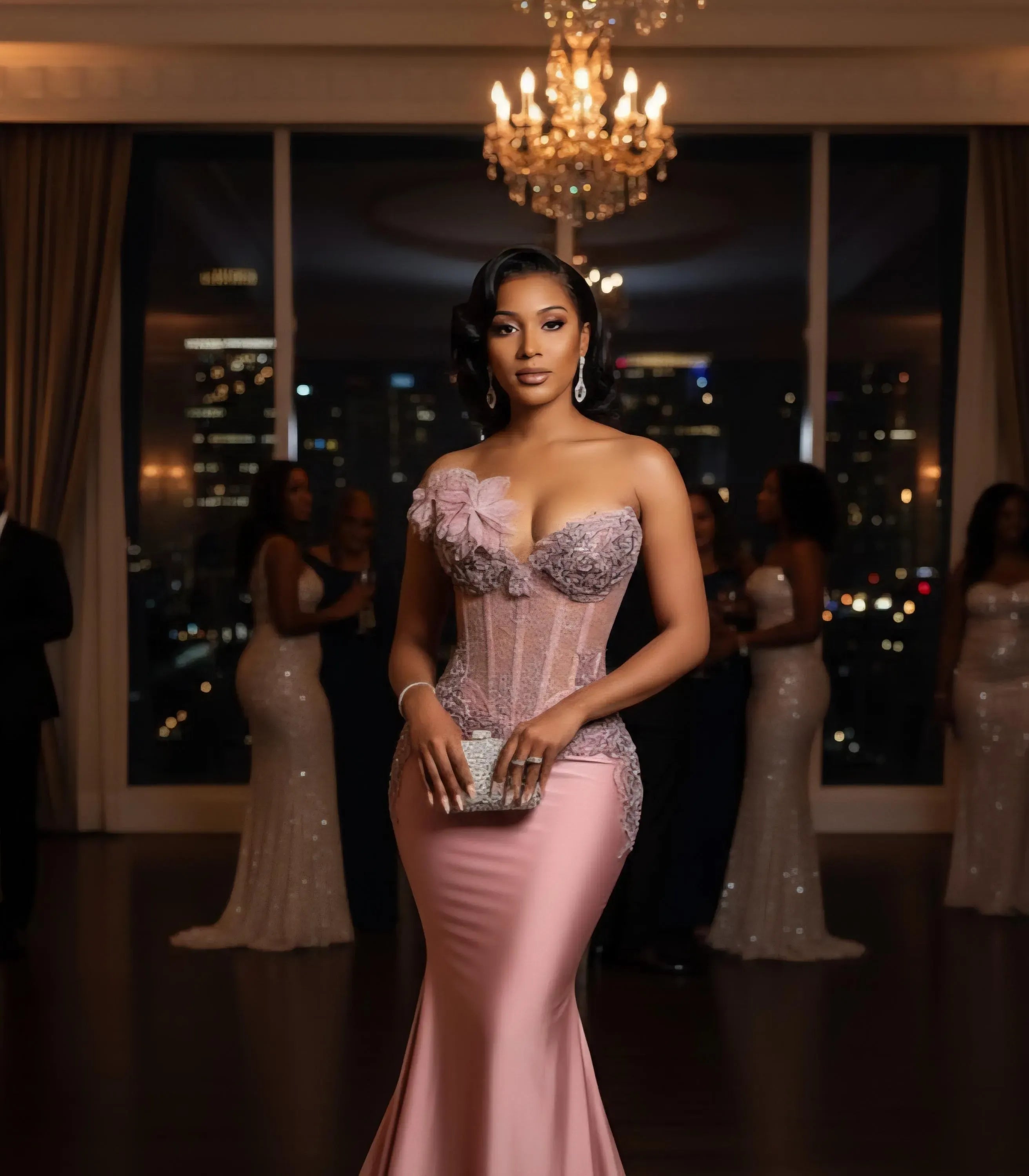 Mermaid Prom Dress With Beaded Corset Bodice And 3D Floral Lace Overlay Blush Satin Sweep Train For Prom Queens