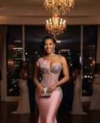 Mermaid Prom Dress With Beaded Corset Bodice And 3D Floral Lace Overlay Blush Satin Sweep Train For Prom Queens
