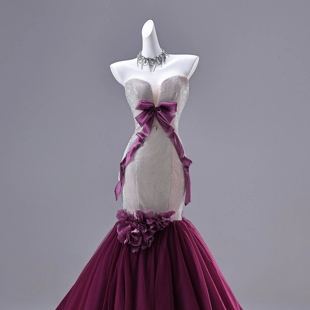 Mermaid Prom Dress Glitter Bodice With Purple Satin Bow And 3D Floral Appliques For Prom Queens