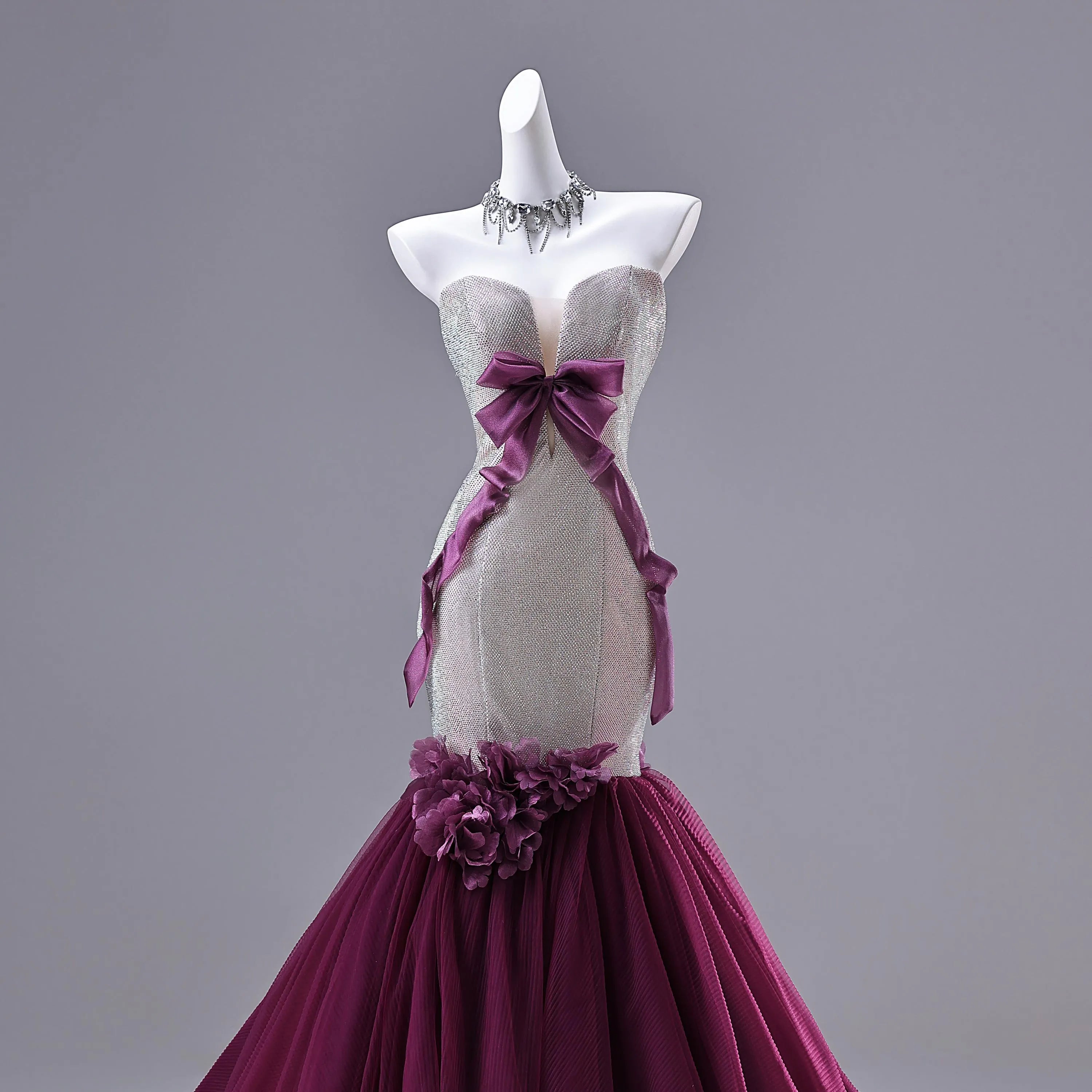 Mermaid Prom Dress Glitter Bodice With Purple Satin Bow And 3D Floral Appliques For Prom Queens