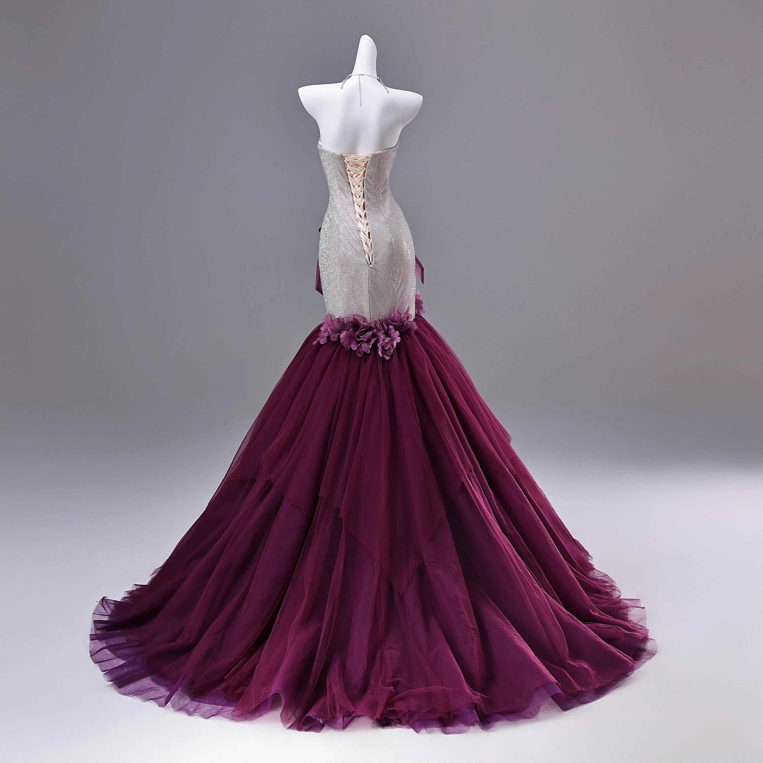 Mermaid Prom Dress Glitter Bodice With Purple Satin Bow And 3D Floral Appliques For Prom Queens