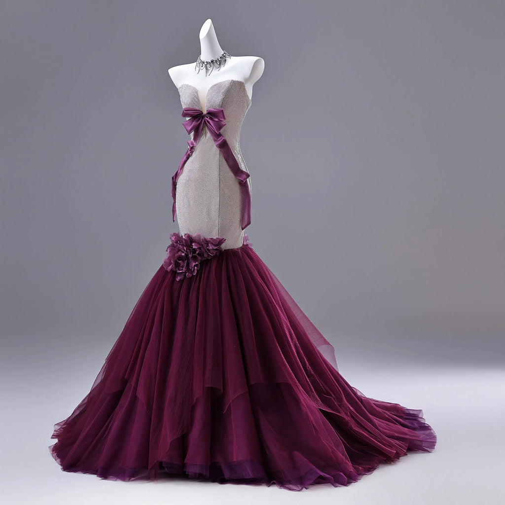 Mermaid Prom Dress Glitter Bodice With Purple Satin Bow And 3D Floral Appliques For Prom Queens