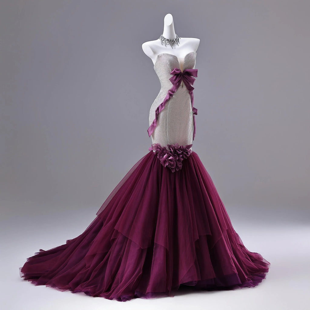 Mermaid Prom Dress Glitter Bodice With Purple Satin Bow And 3D Floral Appliques For Prom Queens