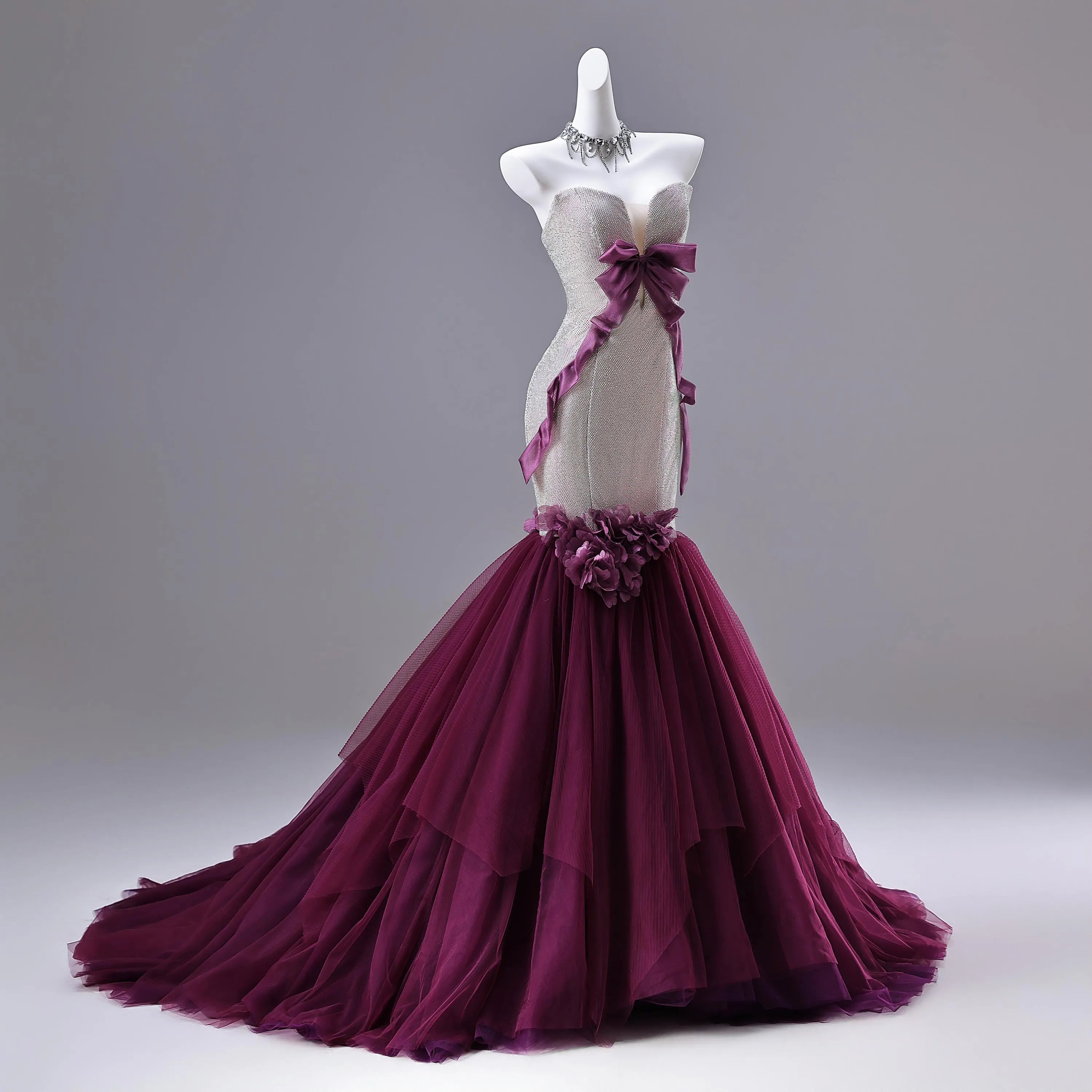 Mermaid Prom Dress Glitter Bodice With Purple Satin Bow And 3D Floral Appliques For Prom Queens