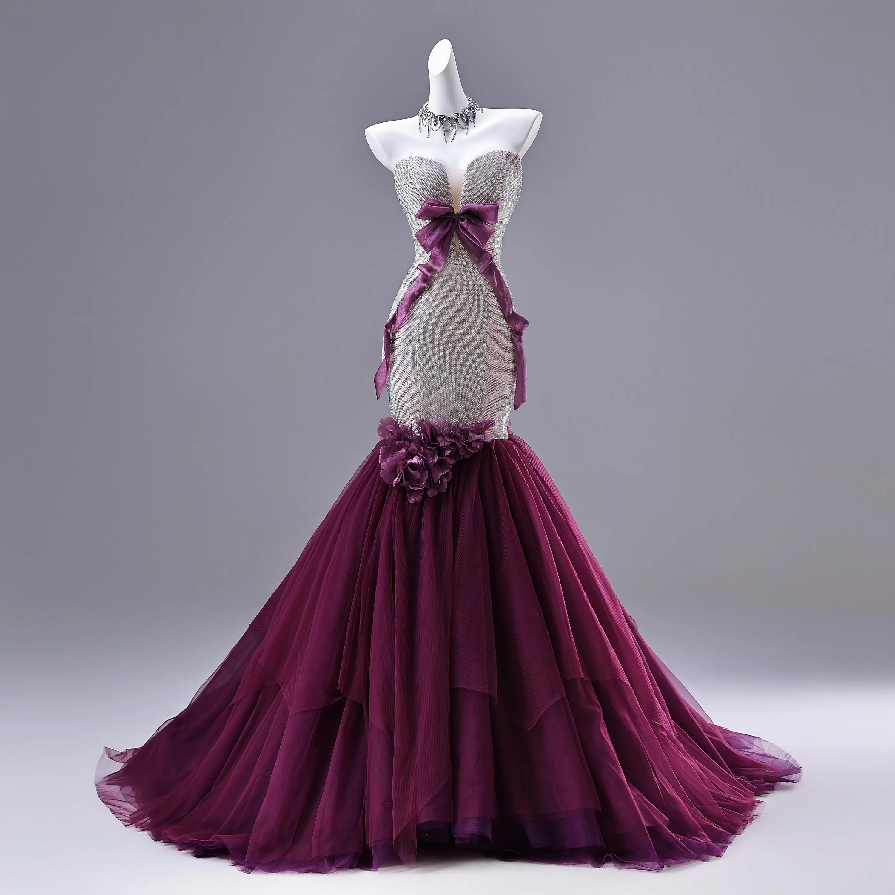 Mermaid Prom Dress Glitter Bodice With Purple Satin Bow And 3D Floral Appliques For Prom Queens