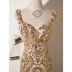 Gold Mermaid Sequin Prom Dress With Sweetheart Neckline And Nude Tulle Embroidery For Glamorous Prom Queens