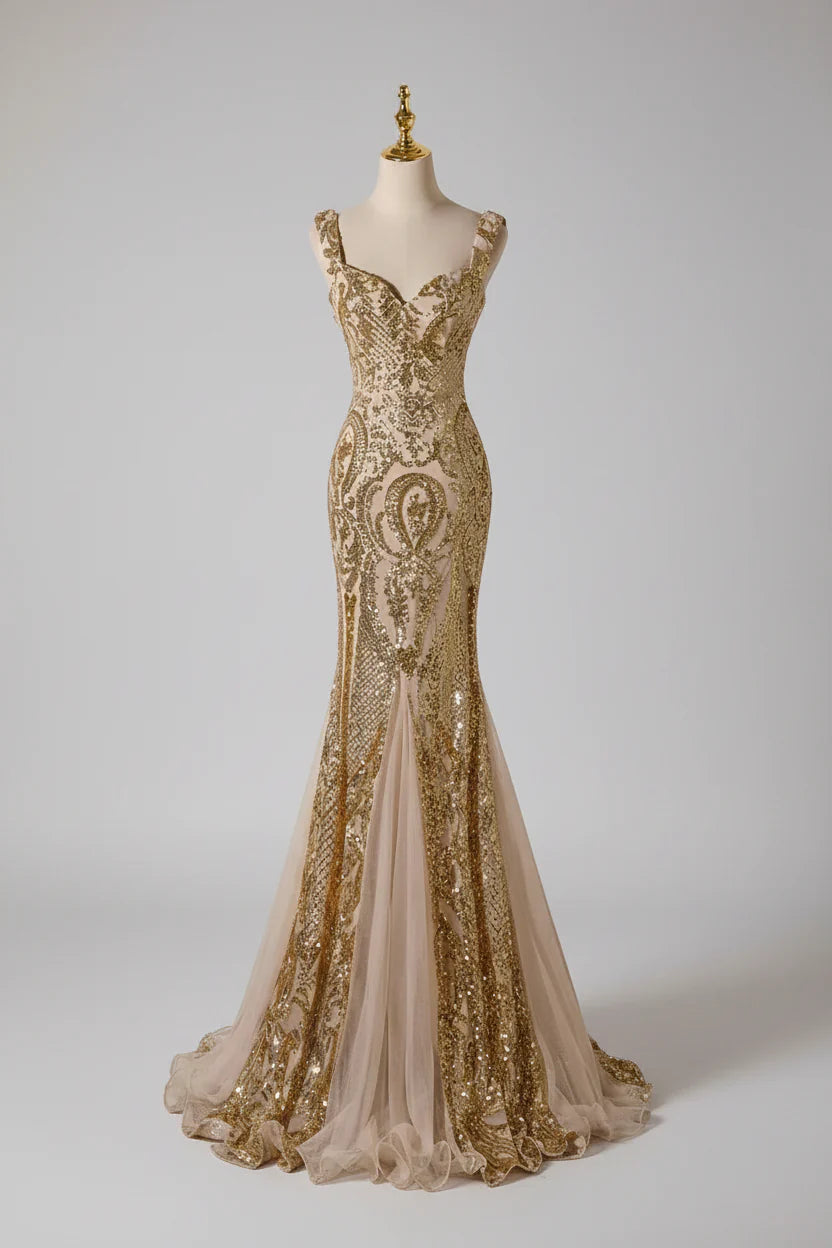 Gold Mermaid Sequin Prom Dress With Sweetheart Neckline And Nude Tulle Embroidery For Glamorous Prom Queens