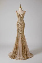 Gold Mermaid Sequin Prom Dress With Sweetheart Neckline And Nude Tulle Embroidery For Glamorous Prom Queens
