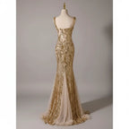 Gold Mermaid Sequin Prom Dress With Sweetheart Neckline And Nude Tulle Embroidery For Glamorous Prom Queens