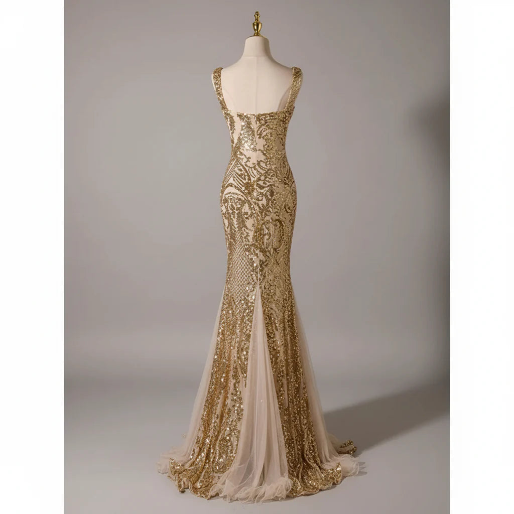 Gold Mermaid Sequin Prom Dress With Sweetheart Neckline And Nude Tulle Embroidery For Glamorous Prom Queens