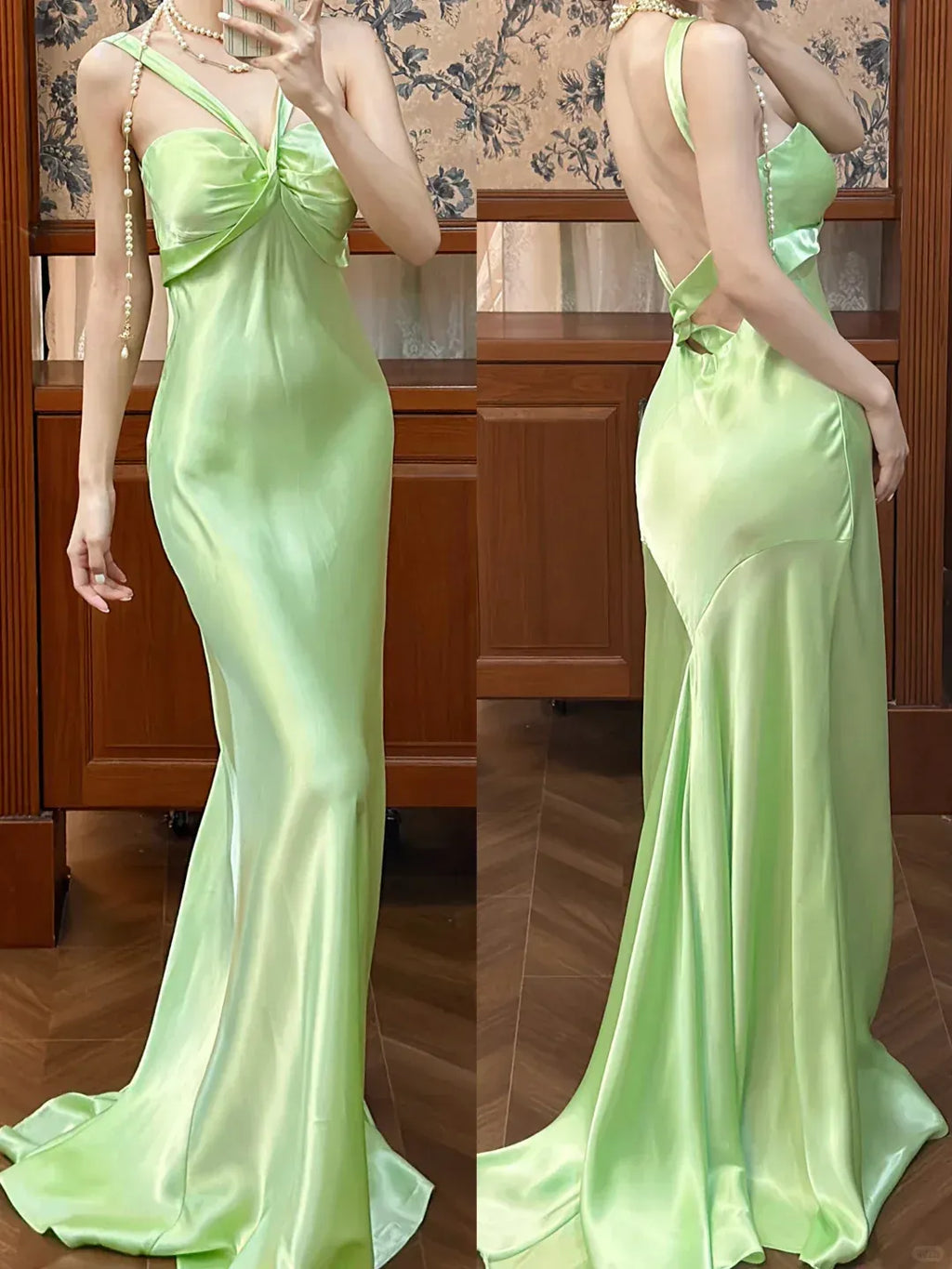 Gentle Mermaid Straps Light Green Satin Open Back Long Prom Dress Graduation Prom Dress