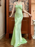 Gentle Mermaid Straps Light Green Satin Open Back Long Prom Dress Graduation Prom Dress