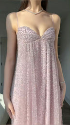 Gentle Pink A Line Spaghetti Strap Sequin Tulle Long Prom Dress Evening Dress Formal Dress