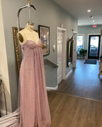 Gentle Pink A Line Spaghetti Strap Sequin Tulle Long Prom Dress Evening Dress Formal Dress