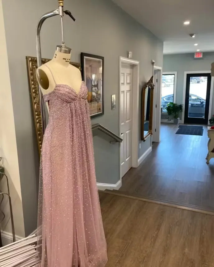 Gentle Pink A Line Spaghetti Strap Sequin Tulle Long Prom Dress Evening Dress Formal Dress