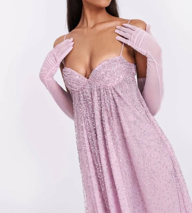 Gentle Pink A Line Spaghetti Strap Sequin Tulle Long Prom Dress Evening Dress Formal Dress