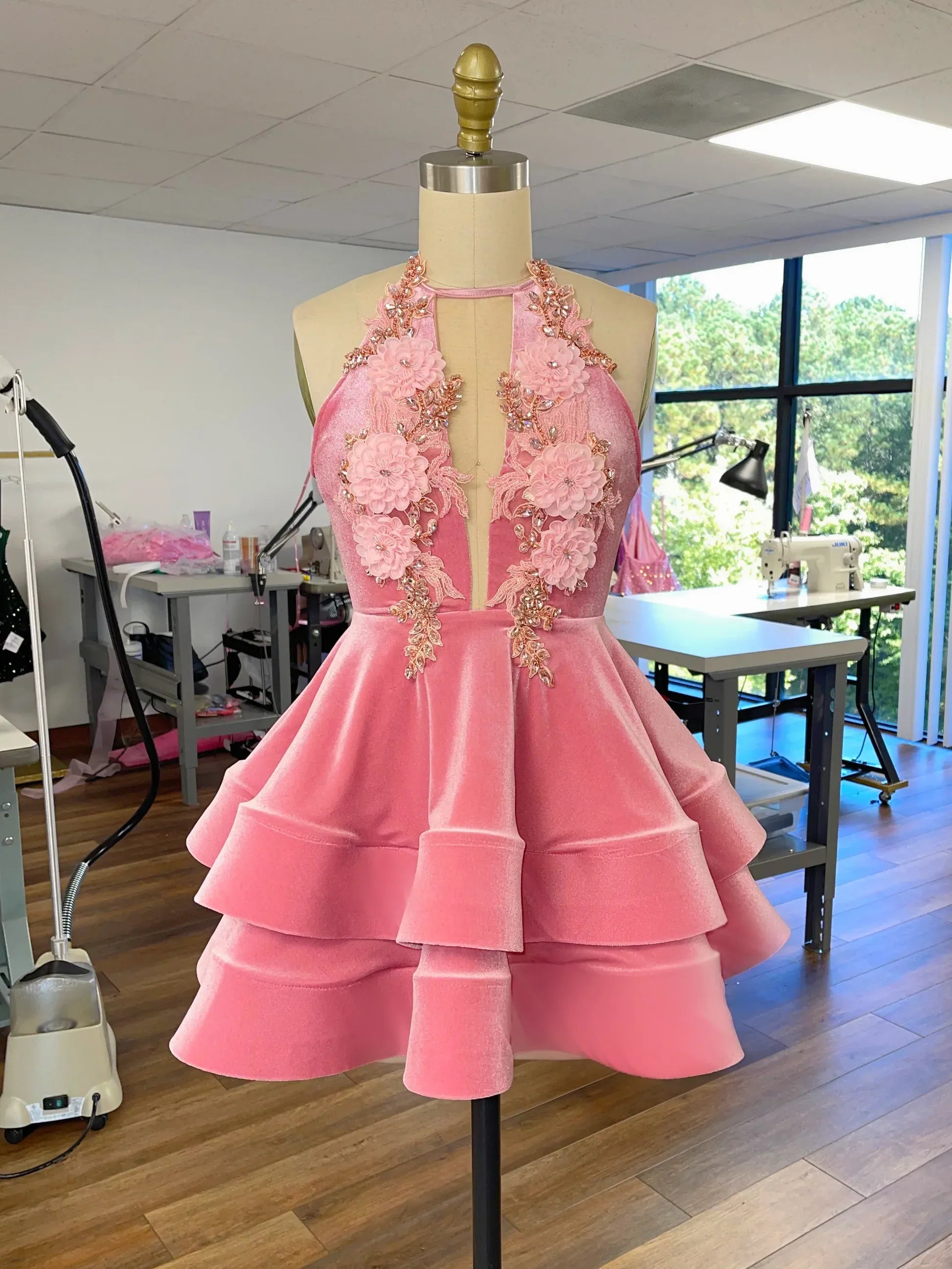 Glam Halter Keyhole 3D Floral Tiered Homecoming Short Dress