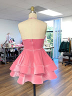 Glam Halter Keyhole 3D Floral Tiered Homecoming Short Dress