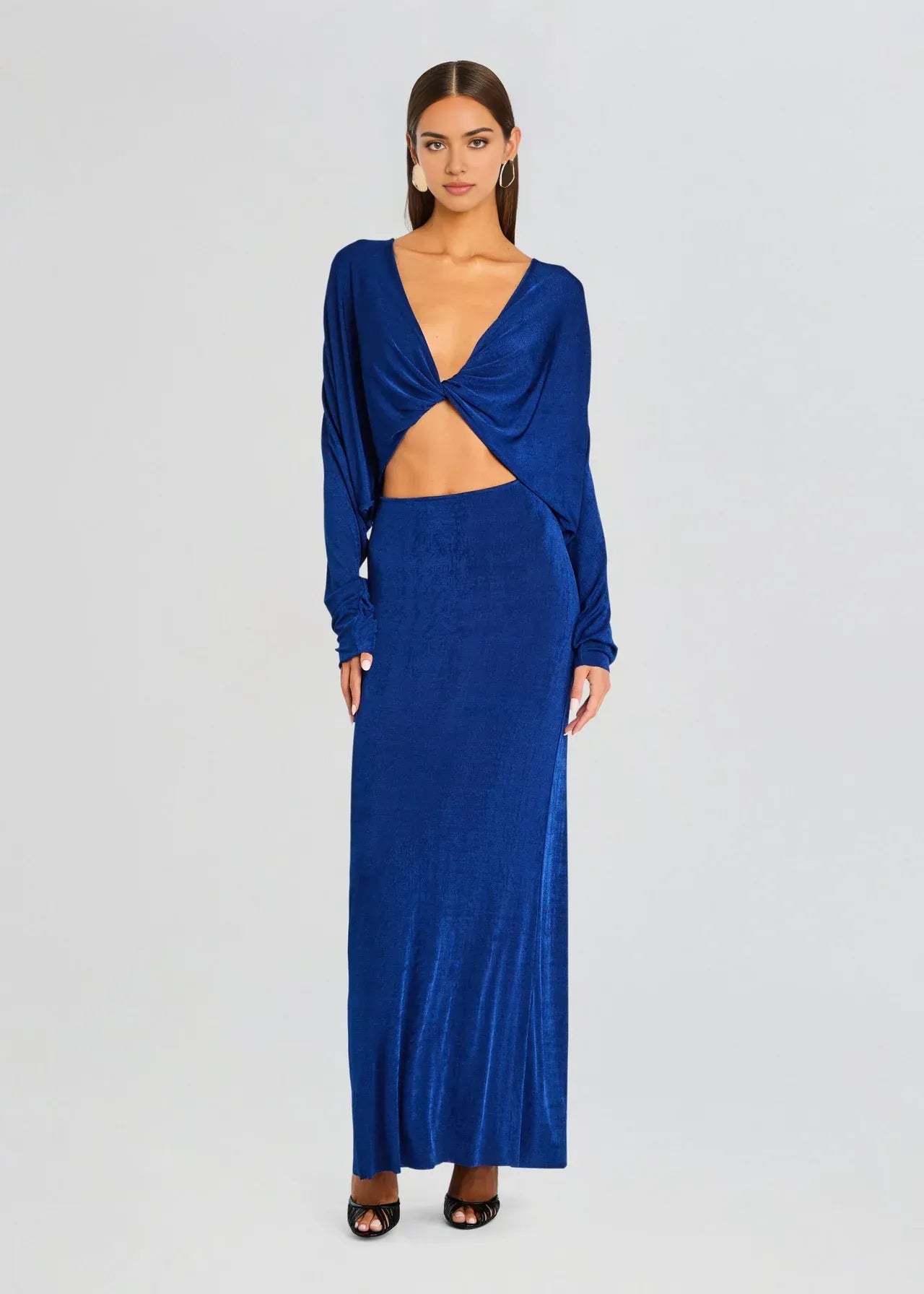 Glam Sheath Plunge Neck Long Sleeve Cutout Waist Floor Length Plus Size Evening Dress