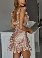 Glam A-Line V-Neck Spaghetti Straps Ruffle Sequined Blush Short Homecoming Dress