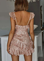 Glam A-Line V-Neck Spaghetti Straps Ruffle Sequined Blush Short Homecoming Dress